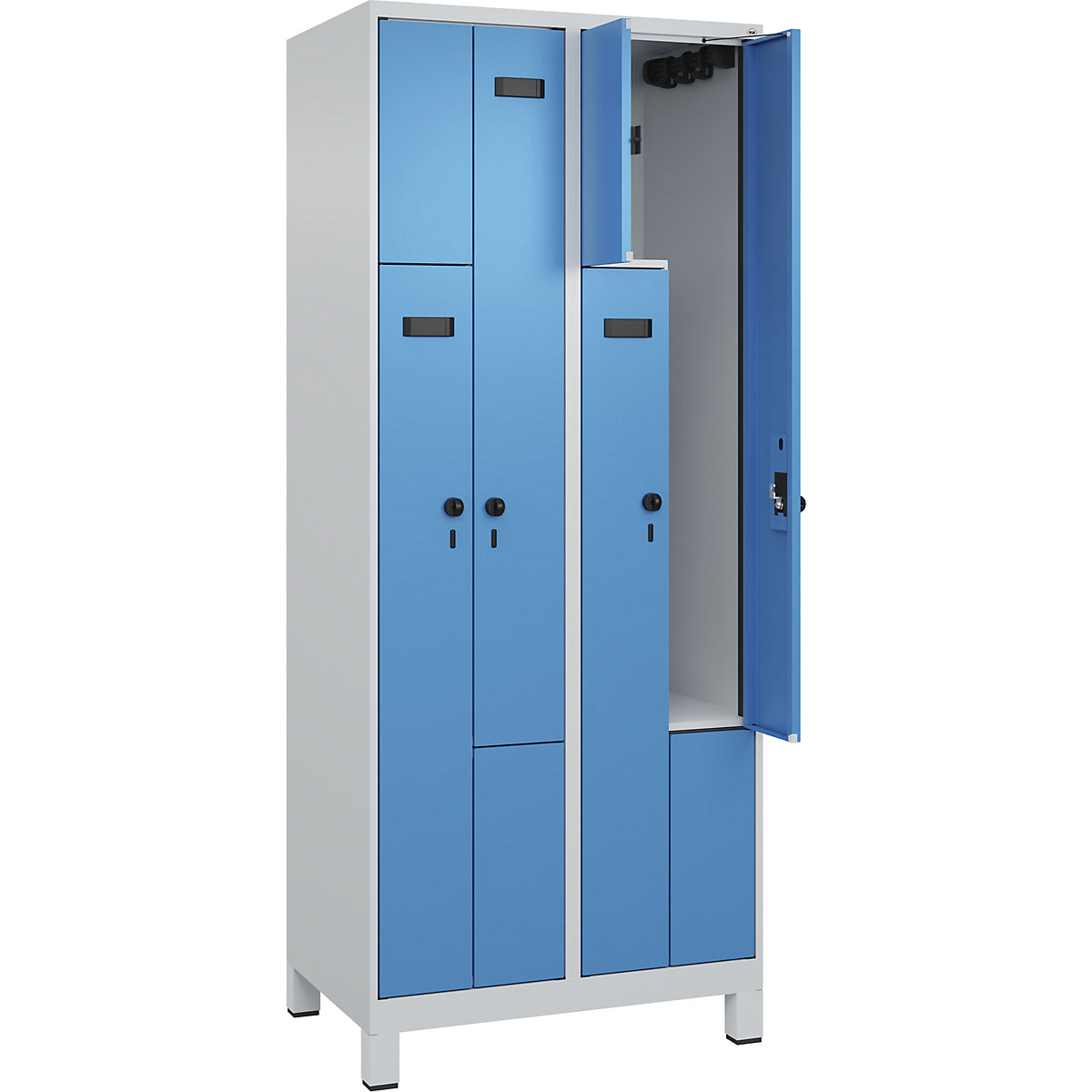 Armadietto a Z Evolo PLUS, 2 scomparti, grigio chiaro / blu chiaro, largh. 800 mm, 4 vani, con piedini larghi, serratura girevole di sicurezza-0