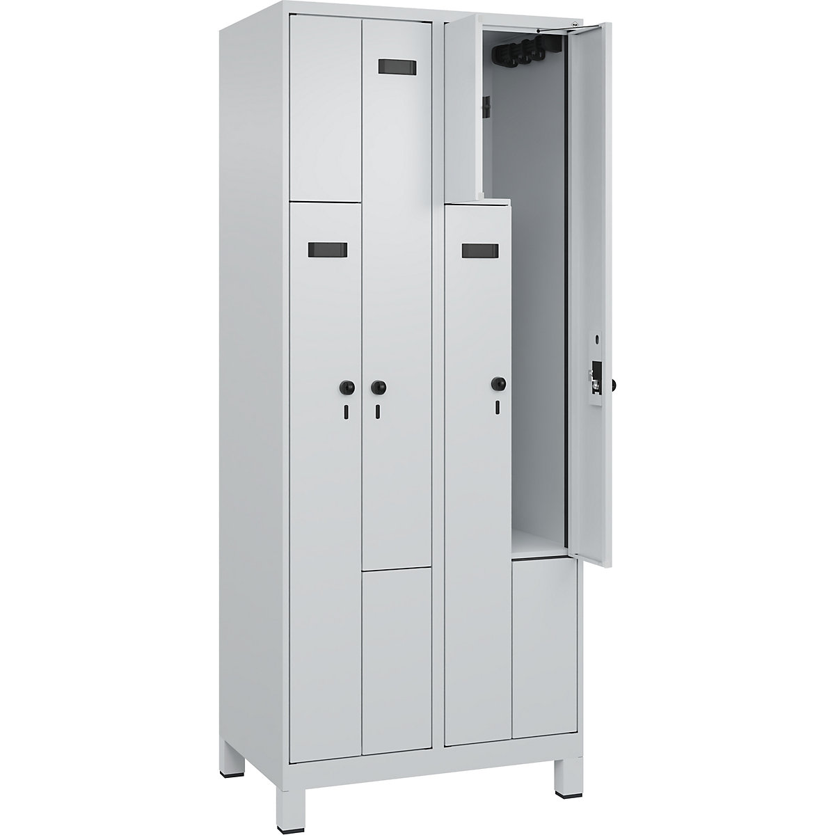 Armadietto a Z Evolo PLUS, 2 scomparti, grigio chiaro, largh. 800 mm, 4 vani, con piedini larghi, serratura girevole di sicurezza-0