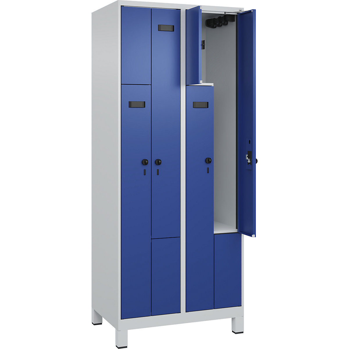 Armadietto a Z Evolo PLUS, 2 scomparti, grigio chiaro / blu genziana, largh. 800 mm, 4 vani, con piedini larghi, serratura girevole di sicurezza-0