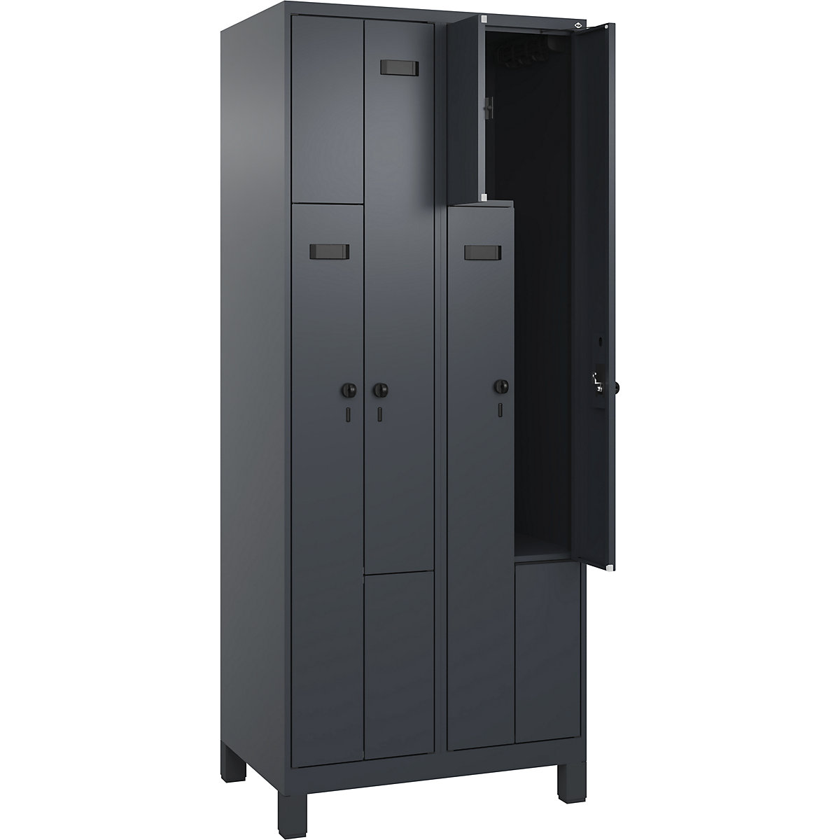 Armadietto a Z Evolo PLUS, 2 scomparti, grigio, largh. 800 mm, 4 vani, con piedini larghi, serratura girevole di sicurezza-0