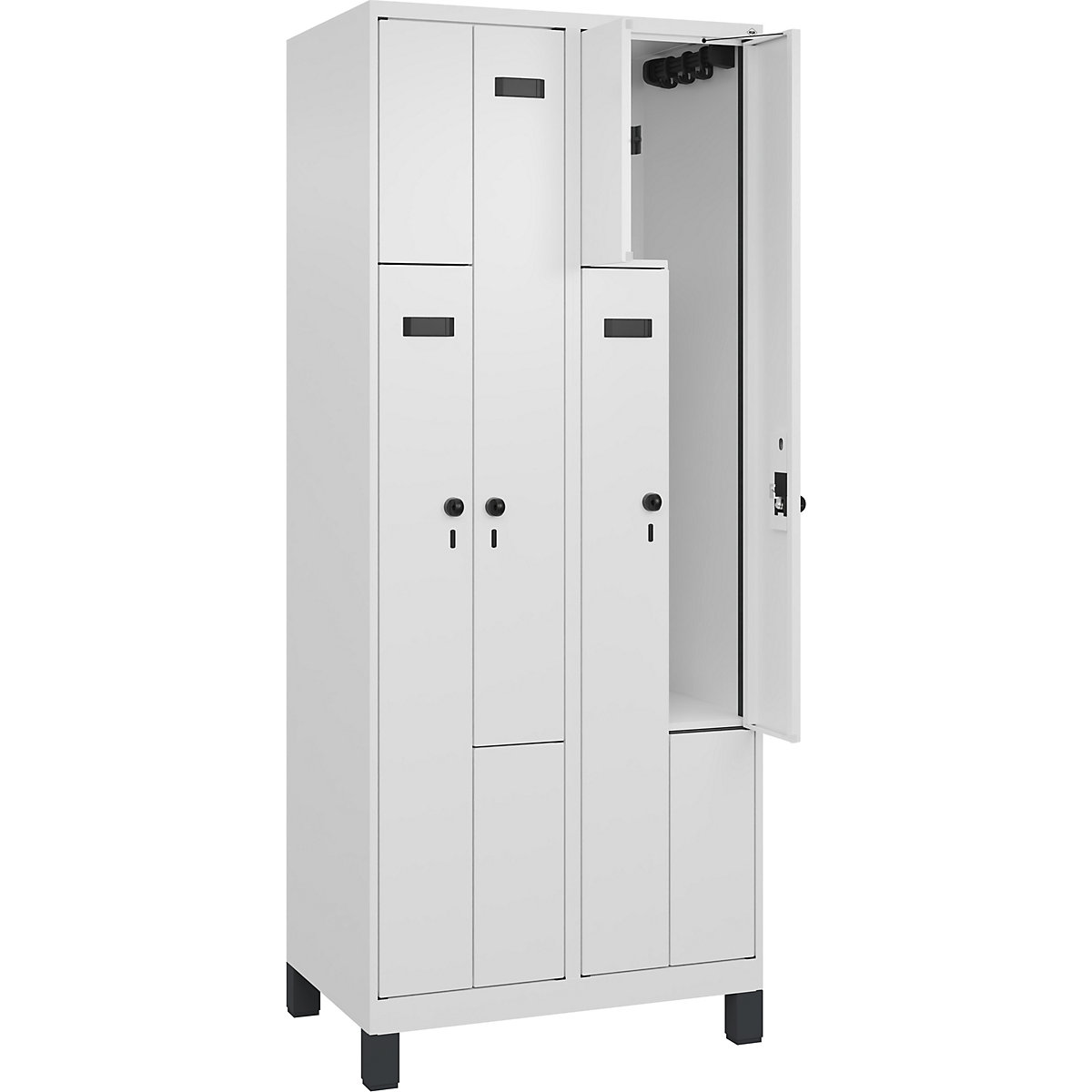 Armadietto a Z Evolo PLUS, 2 scomparti, bianco, largh. 800 mm, 4 vani, con piedini larghi, serratura girevole di sicurezza-0