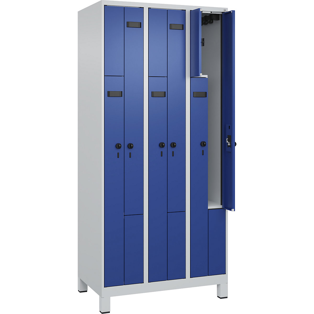 Armadietto a Z Evolo PLUS, 3 scomparti, grigio chiaro / blu genziana, largh. 900 mm, 6 vani, con piedini larghi, serratura girevole di sicurezza-0