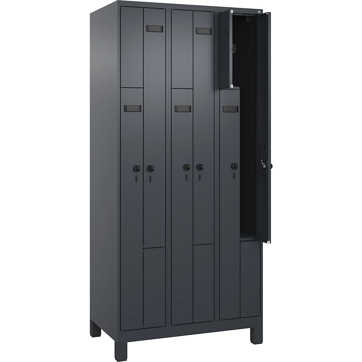 Armadietto a Z Evolo PLUS, 3 scomparti, grigio, largh. 900 mm, 6 vani, con piedini larghi, serratura girevole di sicurezza-0
