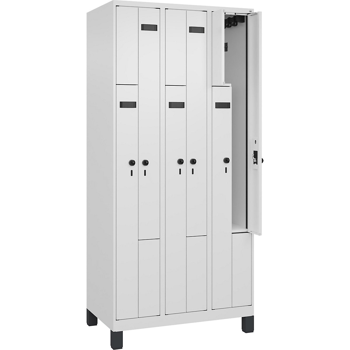 Armadietto a Z Evolo PLUS, 3 scomparti, bianco, largh. 900 mm, 6 vani, con piedini larghi, serratura girevole di sicurezza-0