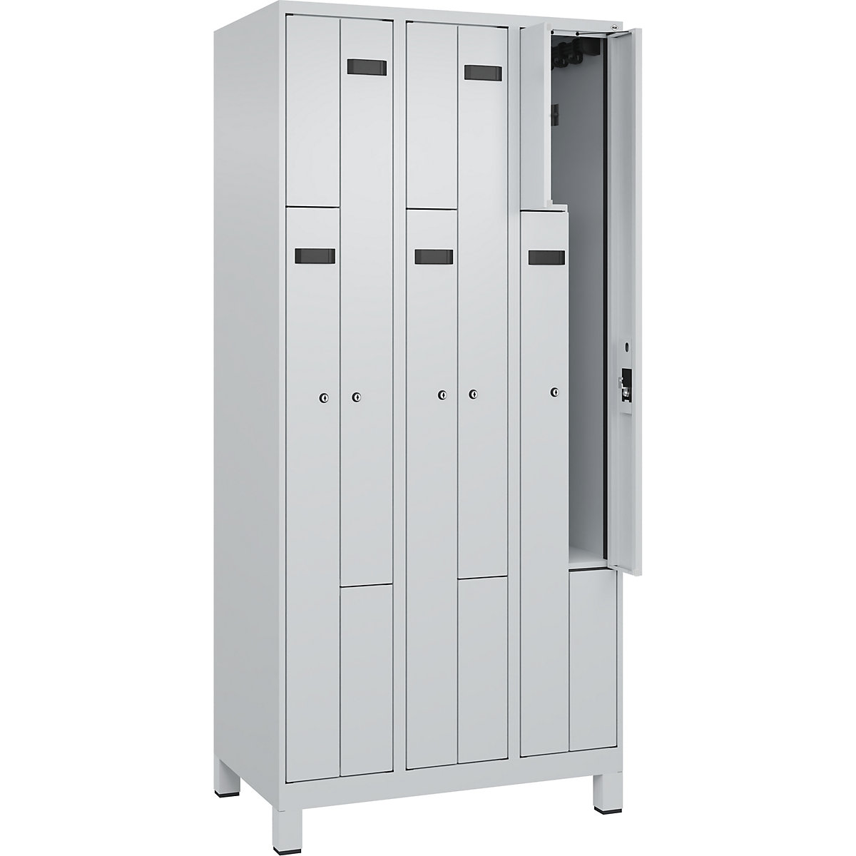 Armadietto a Z Evolo PLUS, 3 scomparti, grigio chiaro, largh. 900 mm, 6 vani, con piedini larghi, serratura a cilindro-0