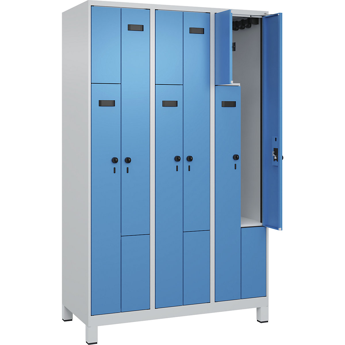 Armadietto a Z Evolo PLUS, 3 scomparti, grigio chiaro / blu chiaro, largh. 1200 mm, 6 vani, con piedini larghi, serratura girevole di sicurezza-0