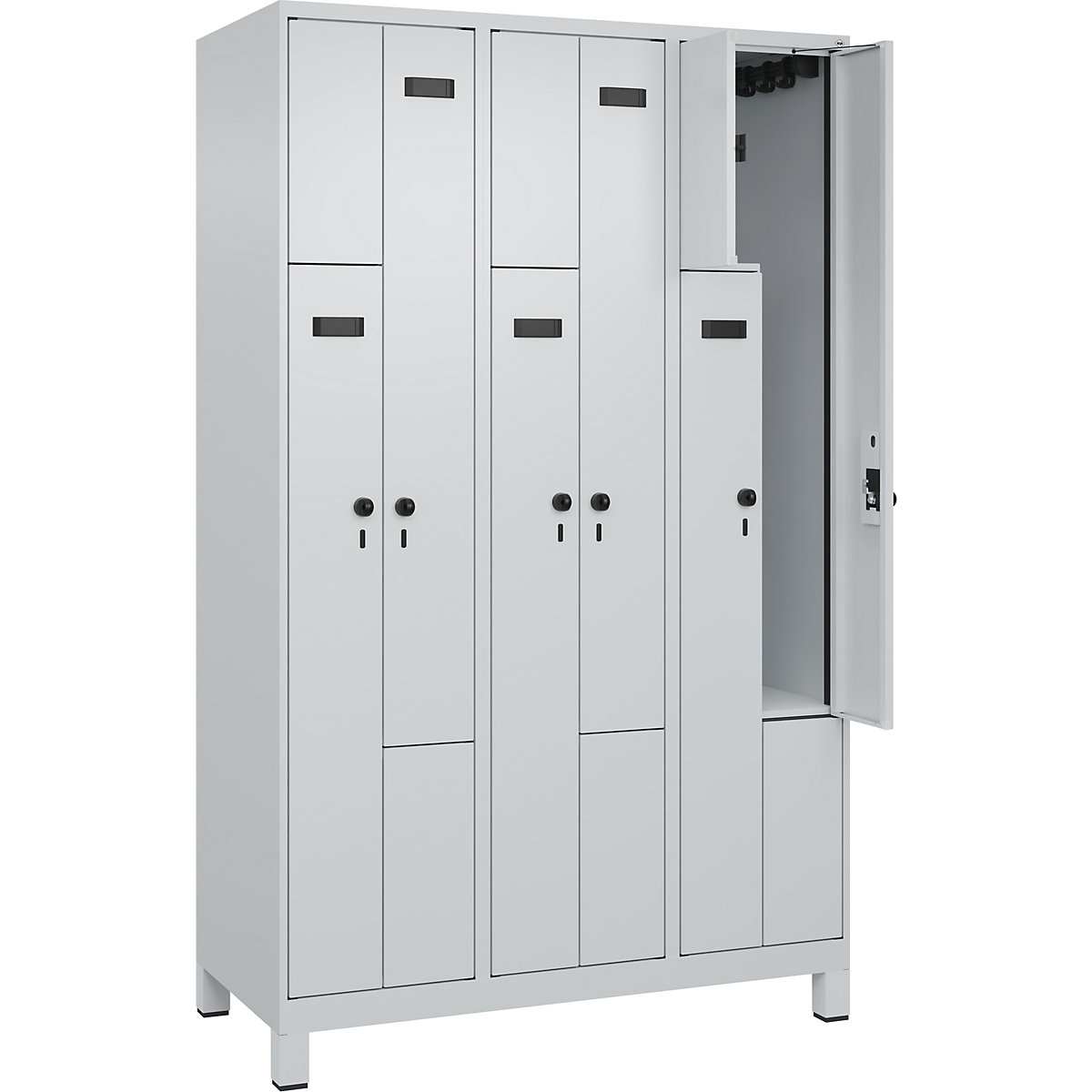 Armadietto a Z Evolo PLUS, 3 scomparti, grigio chiaro, largh. 1200 mm, 6 vani, con piedini larghi, serratura girevole di sicurezza-0