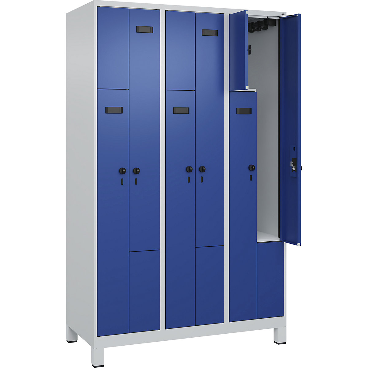 Armadietto a Z Evolo PLUS, 3 scomparti, grigio chiaro / blu genziana, largh. 1200 mm, 6 vani, con piedini larghi, serratura girevole di sicurezza-0
