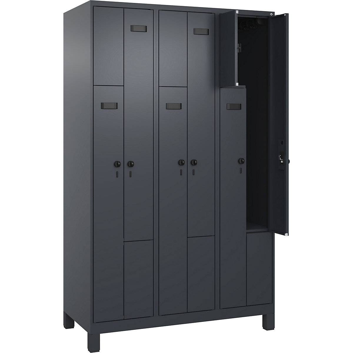 Armadietto a Z Evolo PLUS, 3 scomparti, grigio, largh. 1200 mm, 6 vani, con piedini larghi, serratura girevole di sicurezza-0