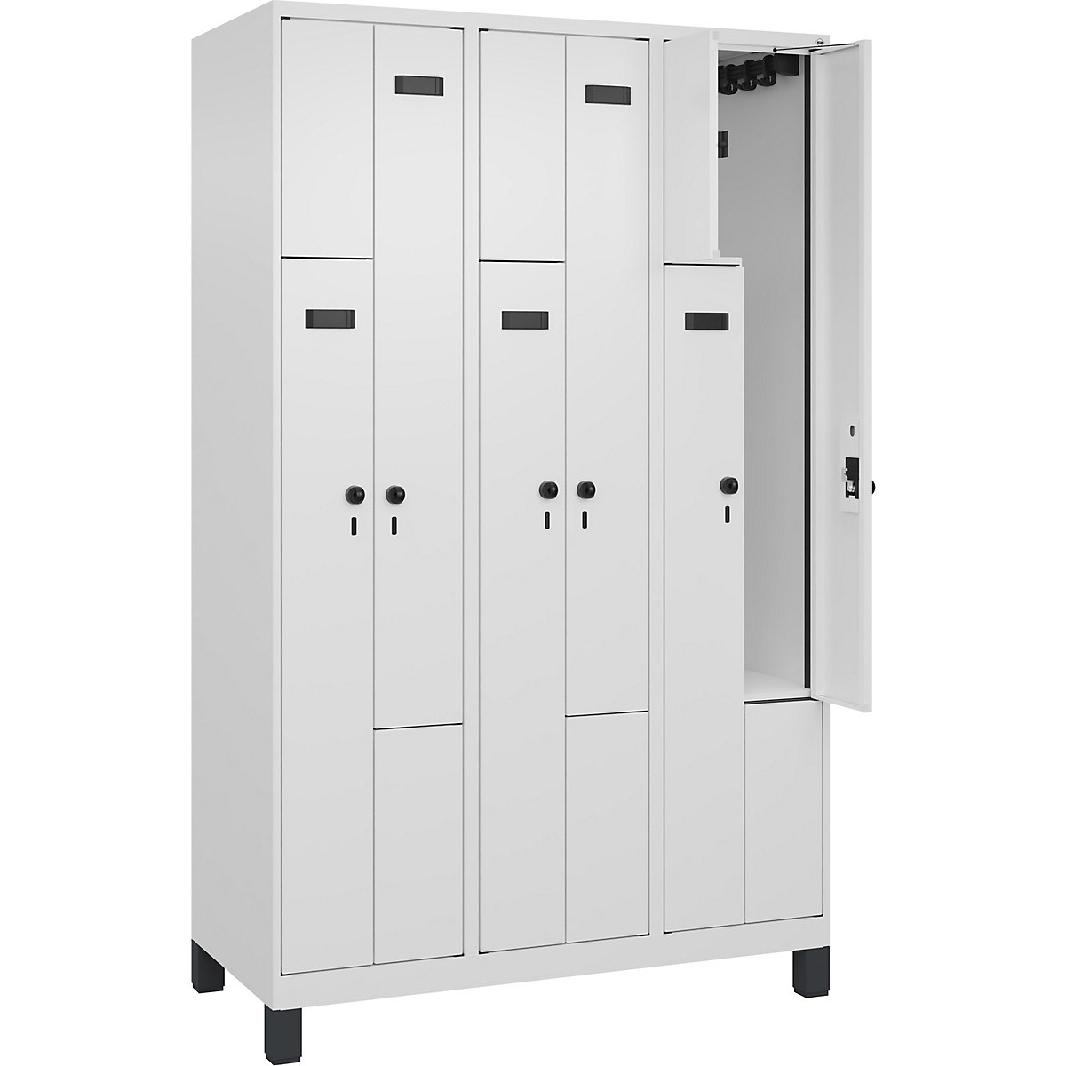 Armadietto a Z Evolo PLUS, 3 scomparti, bianco, largh. 1200 mm, 6 vani, con piedini larghi, serratura girevole di sicurezza-0