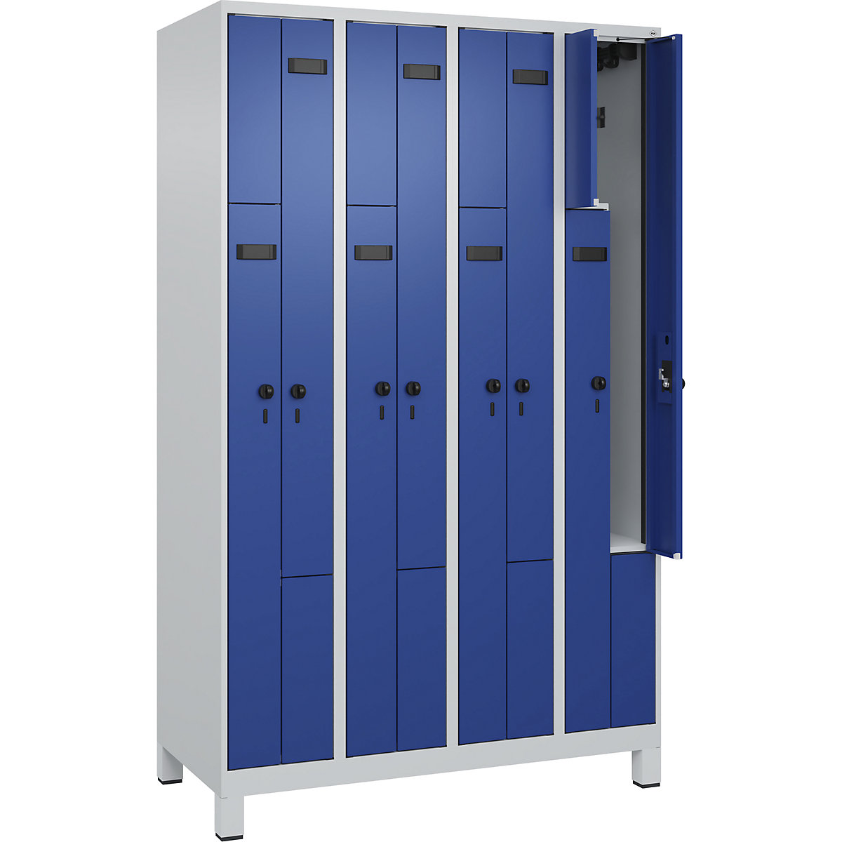 Armadietto a Z Evolo PLUS, 4 scomparti, grigio chiaro / blu genziana, largh. 1200 mm, 8 vani, con piedini larghi, serratura girevole di sicurezza-0