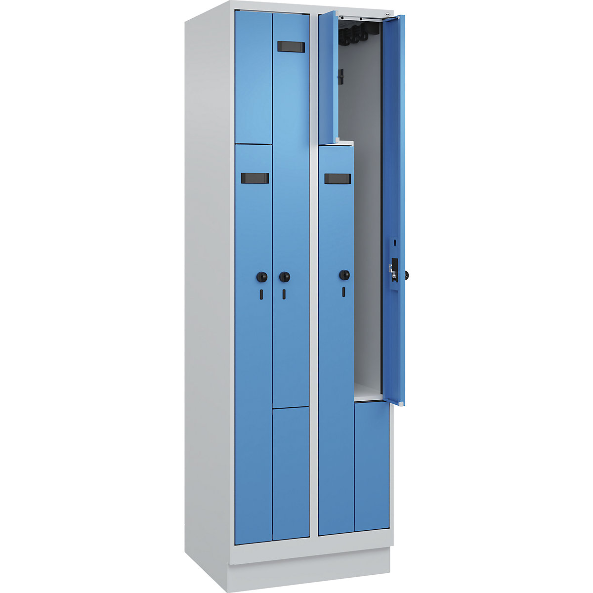 Armadietto a Z Evolo PLUS, 2 scomparti, grigio chiaro / blu chiaro, largh. 600 mm, 4 vani, con zoccolino, serratura girevole di sicurezza-0