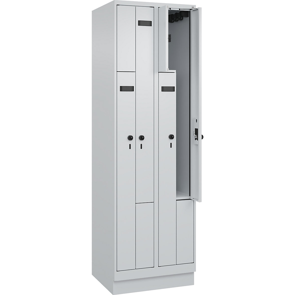 Armadietto a Z Evolo PLUS, 2 scomparti, grigio chiaro, largh. 600 mm, 4 vani, con zoccolino, serratura girevole di sicurezza-0