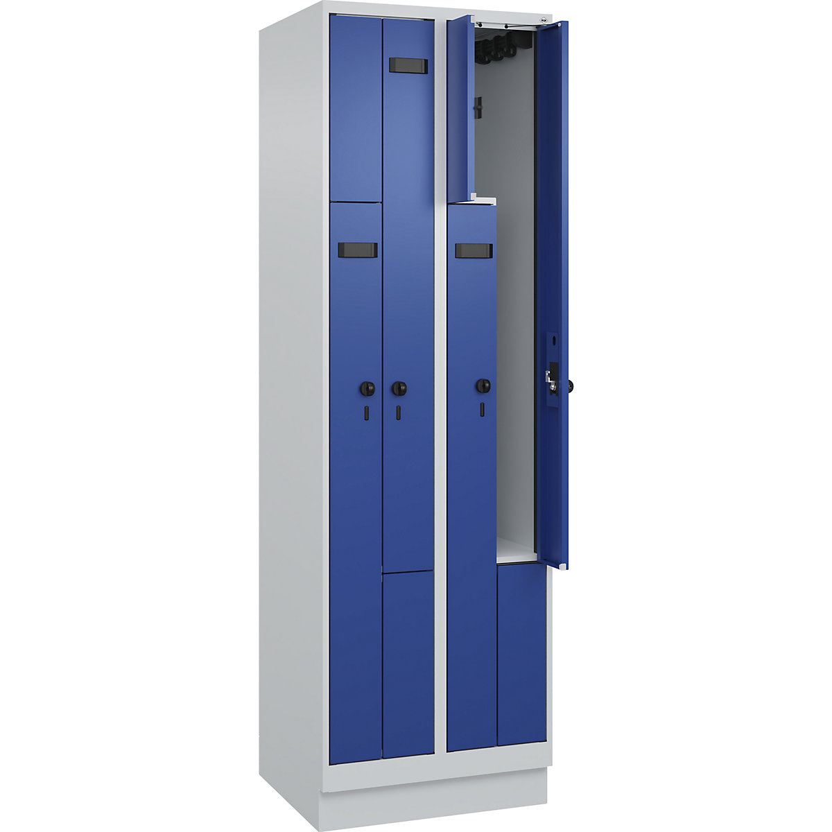 Armadietto a Z Evolo PLUS, 2 scomparti, grigio chiaro / blu genziana, largh. 600 mm, 4 vani, con zoccolino, serratura girevole di sicurezza-0