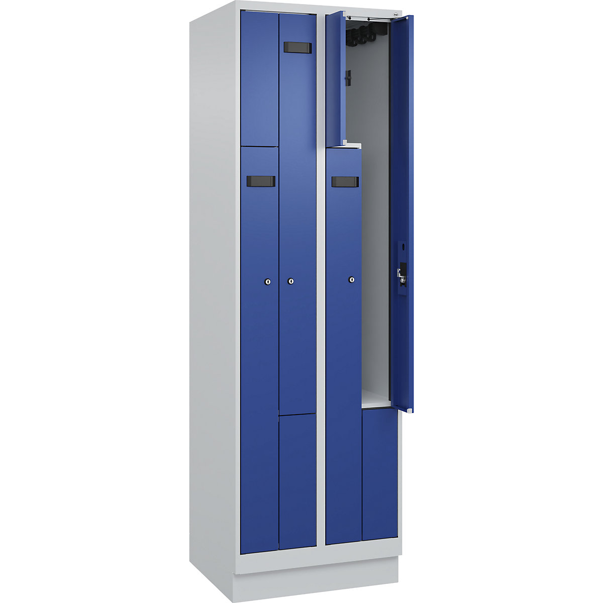 Armadietto a Z Evolo PLUS, 2 scomparti, grigio chiaro / blu genziana, largh. 600 mm, 4 vani, con zoccolino, serratura a cilindro-0