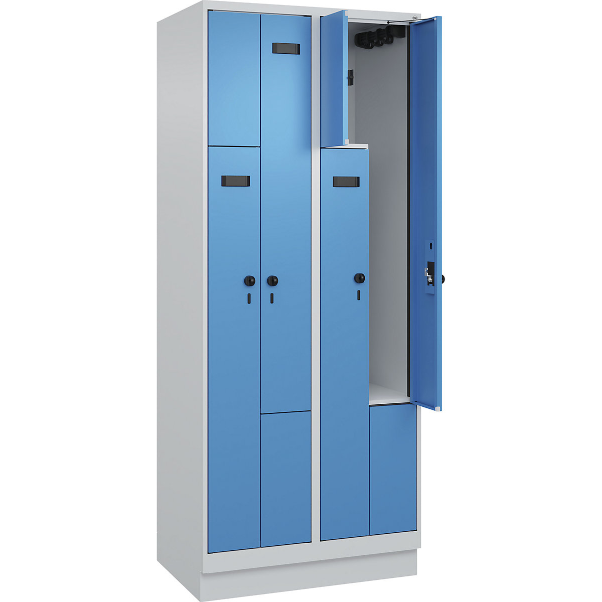 Armadietto a Z Evolo PLUS, 2 scomparti, grigio chiaro / blu chiaro, largh. 800 mm, 4 vani, con zoccolino, serratura girevole di sicurezza-0