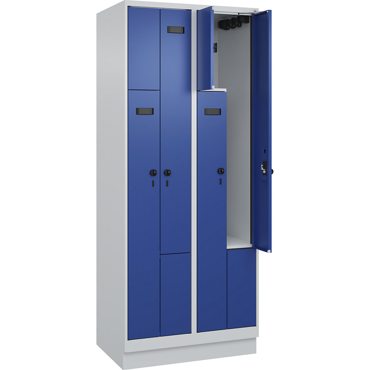 Armadietto a Z Evolo PLUS, 2 scomparti, grigio chiaro / blu genziana, largh. 800 mm, 4 vani, con zoccolino, serratura girevole di sicurezza-0