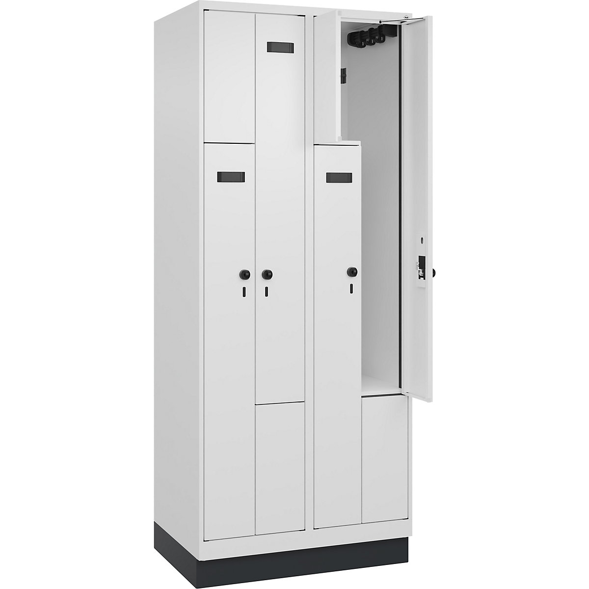 Armadietto a Z Evolo PLUS, 2 scomparti, bianco, largh. 800 mm, 4 vani, con zoccolino, serratura girevole di sicurezza-0