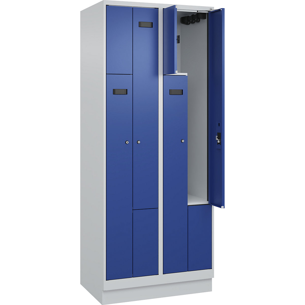 Armadietto a Z Evolo PLUS, 2 scomparti, grigio chiaro / blu genziana, largh. 800 mm, 4 vani, con zoccolino, serratura a cilindro-0