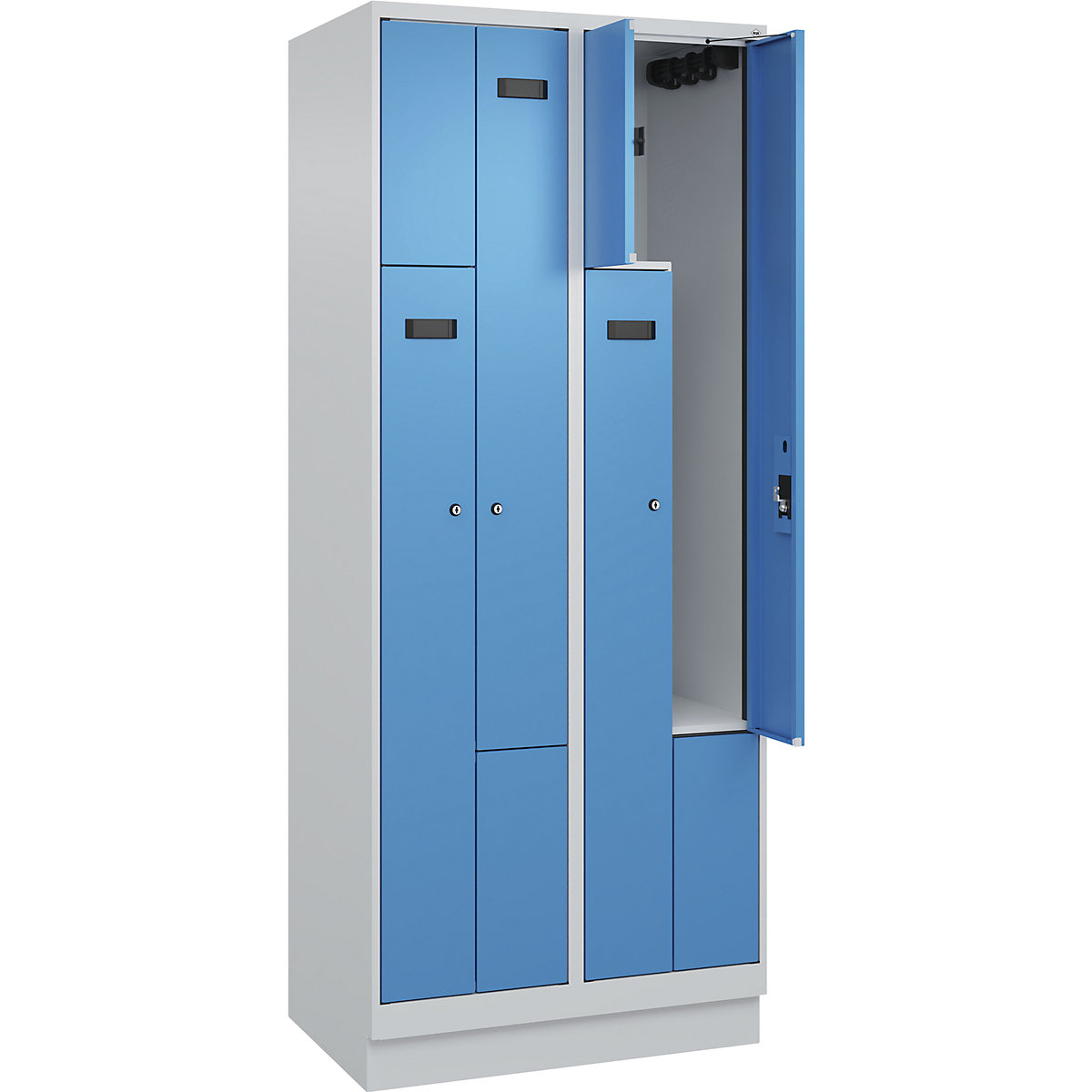 Armadietto a Z Evolo PLUS, 2 scomparti, grigio chiaro / blu chiaro, largh. 800 mm, 4 vani, con zoccolino, serratura a cilindro-0