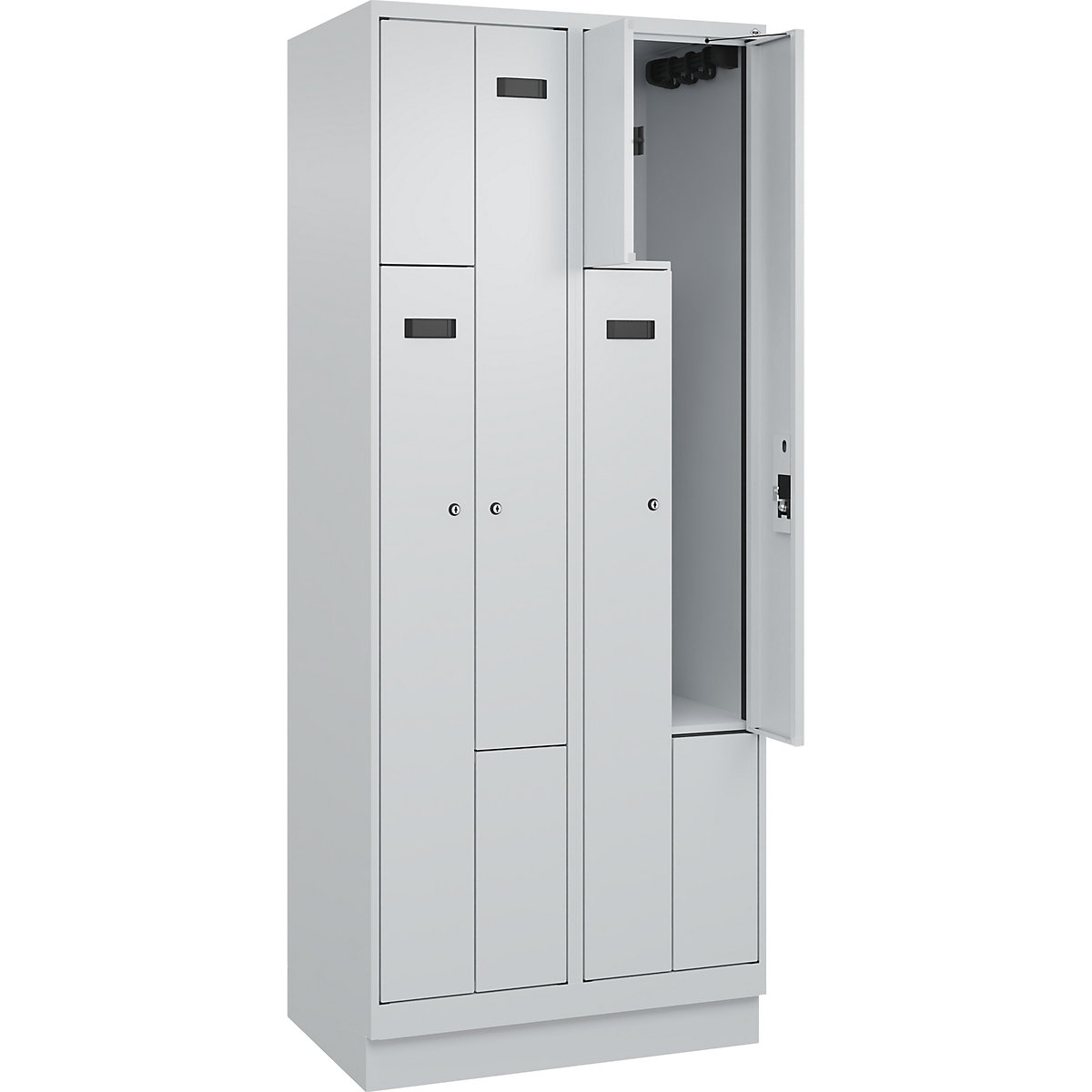 Armadietto a Z Evolo PLUS, 2 scomparti, grigio chiaro, largh. 800 mm, 4 vani, con zoccolino, serratura a cilindro-0