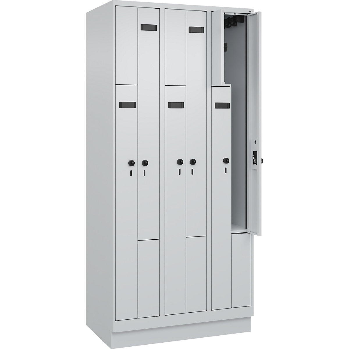 Armadietto a Z Evolo PLUS, 3 scomparti, grigio chiaro, largh. 900 mm, 6 vani, con zoccolino, serratura girevole di sicurezza-0