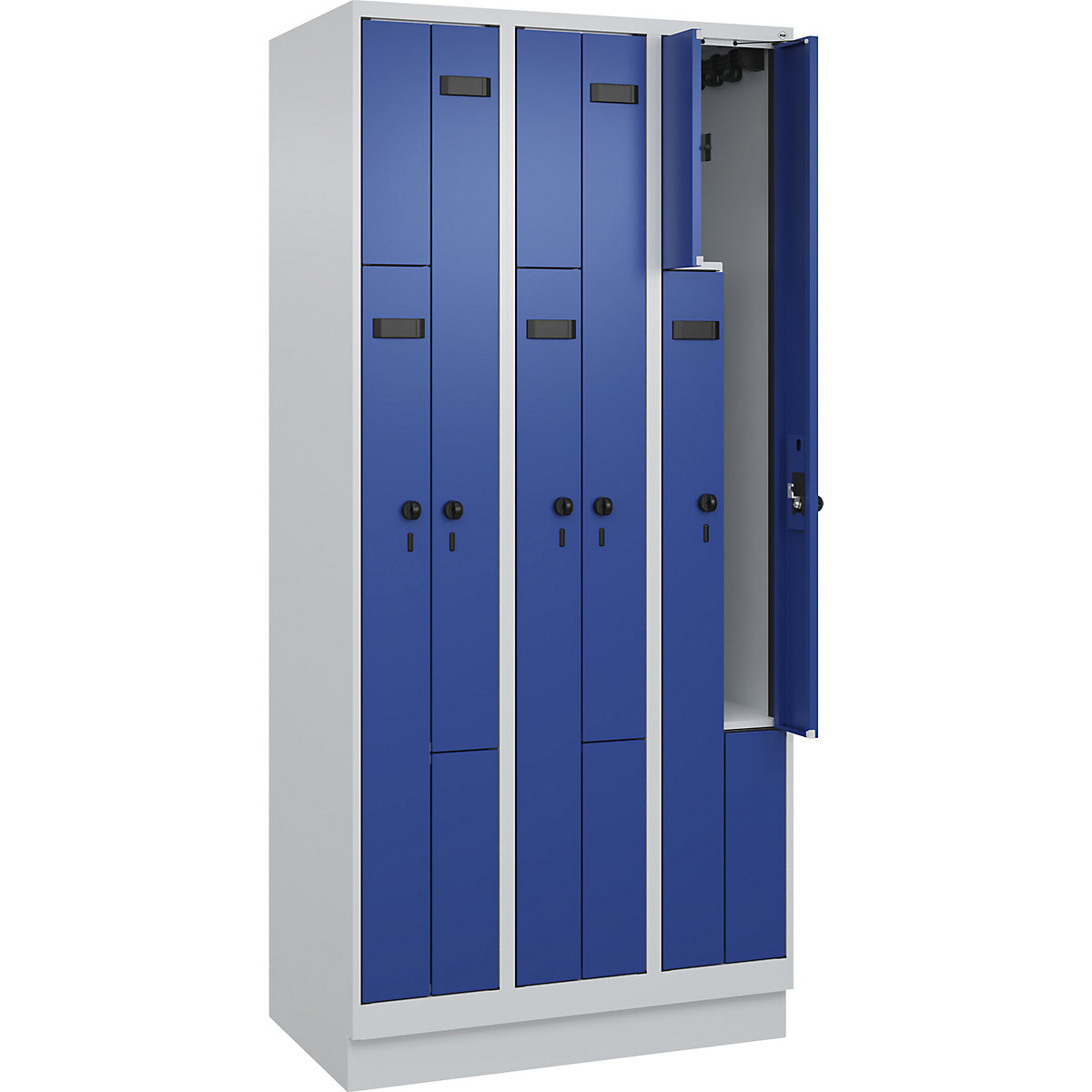 Armadietto a Z Evolo PLUS, 3 scomparti, grigio chiaro / blu genziana, largh. 900 mm, 6 vani, con zoccolino, serratura girevole di sicurezza-0