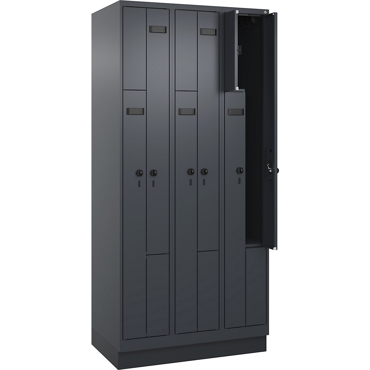 Armadietto a Z Evolo PLUS, 3 scomparti, grigio, largh. 900 mm, 6 vani, con zoccolino, serratura girevole di sicurezza-0