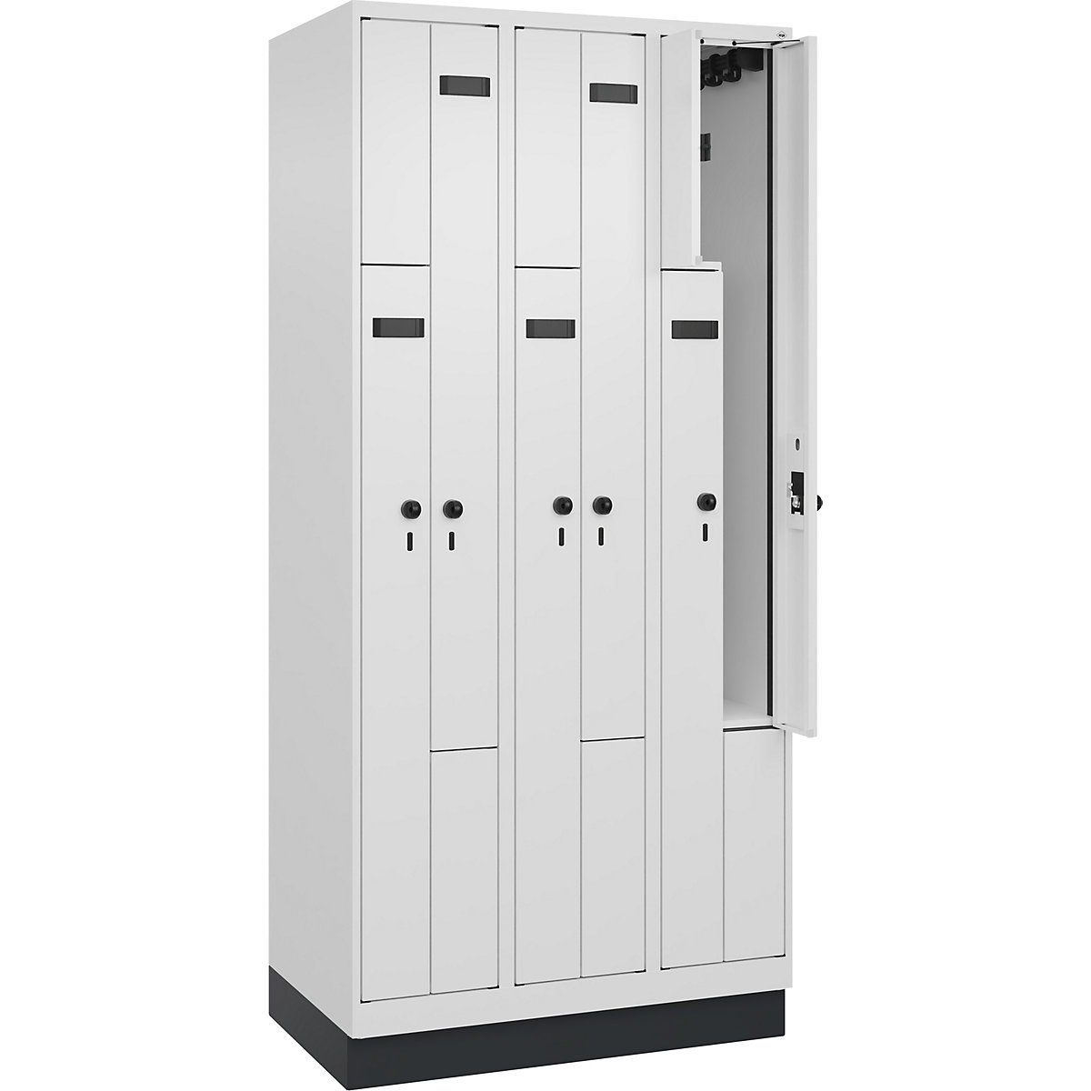 Armadietto a Z Evolo PLUS, 3 scomparti, bianco, largh. 900 mm, 6 vani, con zoccolino, serratura girevole di sicurezza-0