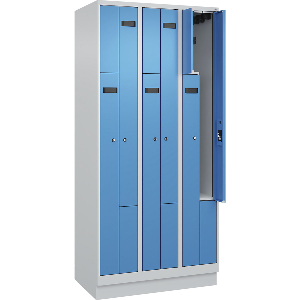 Armadietto a Z Evolo PLUS, 3 scomparti, grigio chiaro / blu chiaro, largh. 900 mm, 6 vani, con zoccolino, serratura a cilindro-0