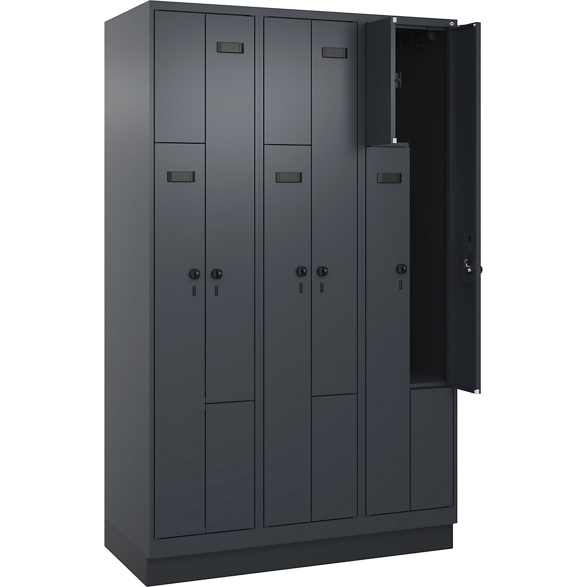Armadietto a Z Evolo PLUS, 3 scomparti, grigio, largh. 1200 mm, 6 vani, con zoccolino, serratura girevole di sicurezza-0