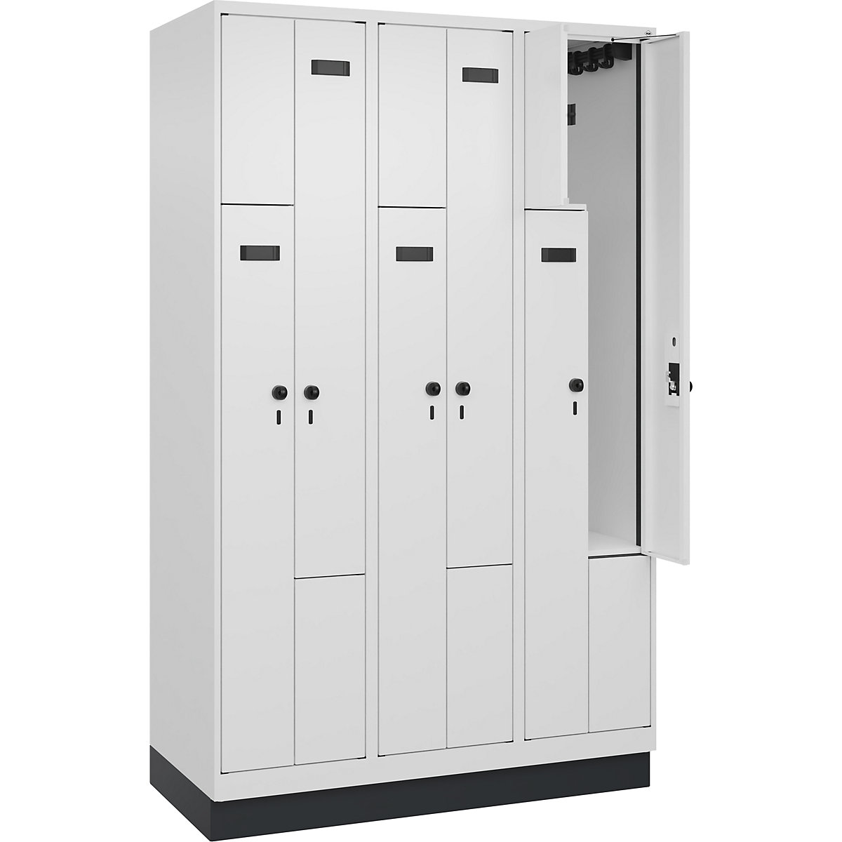 Armadietto a Z Evolo PLUS, 3 scomparti, bianco, largh. 1200 mm, 6 vani, con zoccolino, serratura girevole di sicurezza-0