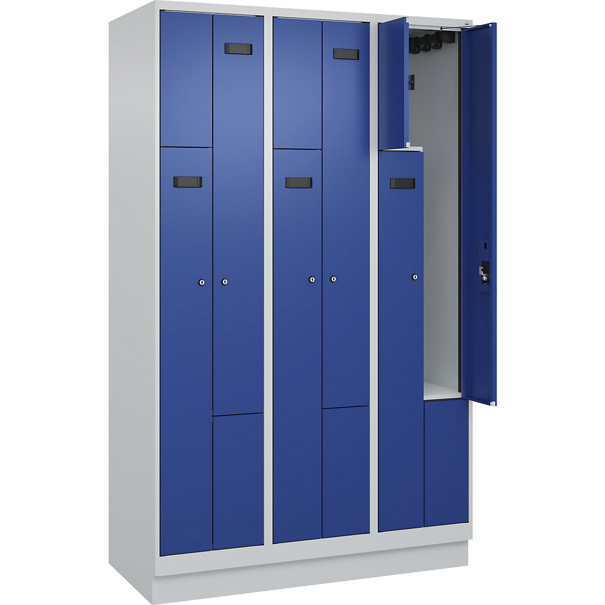Armadietto a Z Evolo PLUS, 3 scomparti, grigio chiaro / blu genziana, largh. 1200 mm, 6 vani, con zoccolino, serratura a cilindro-0