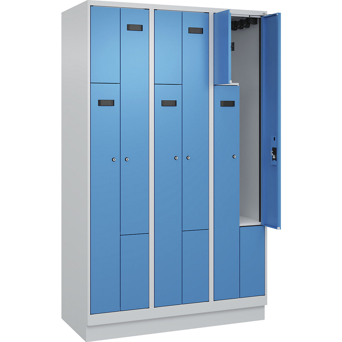 Armadietto a Z Evolo PLUS, 3 scomparti, grigio chiaro / blu chiaro, largh. 1200 mm, 6 vani, con zoccolino, serratura a cilindro-0