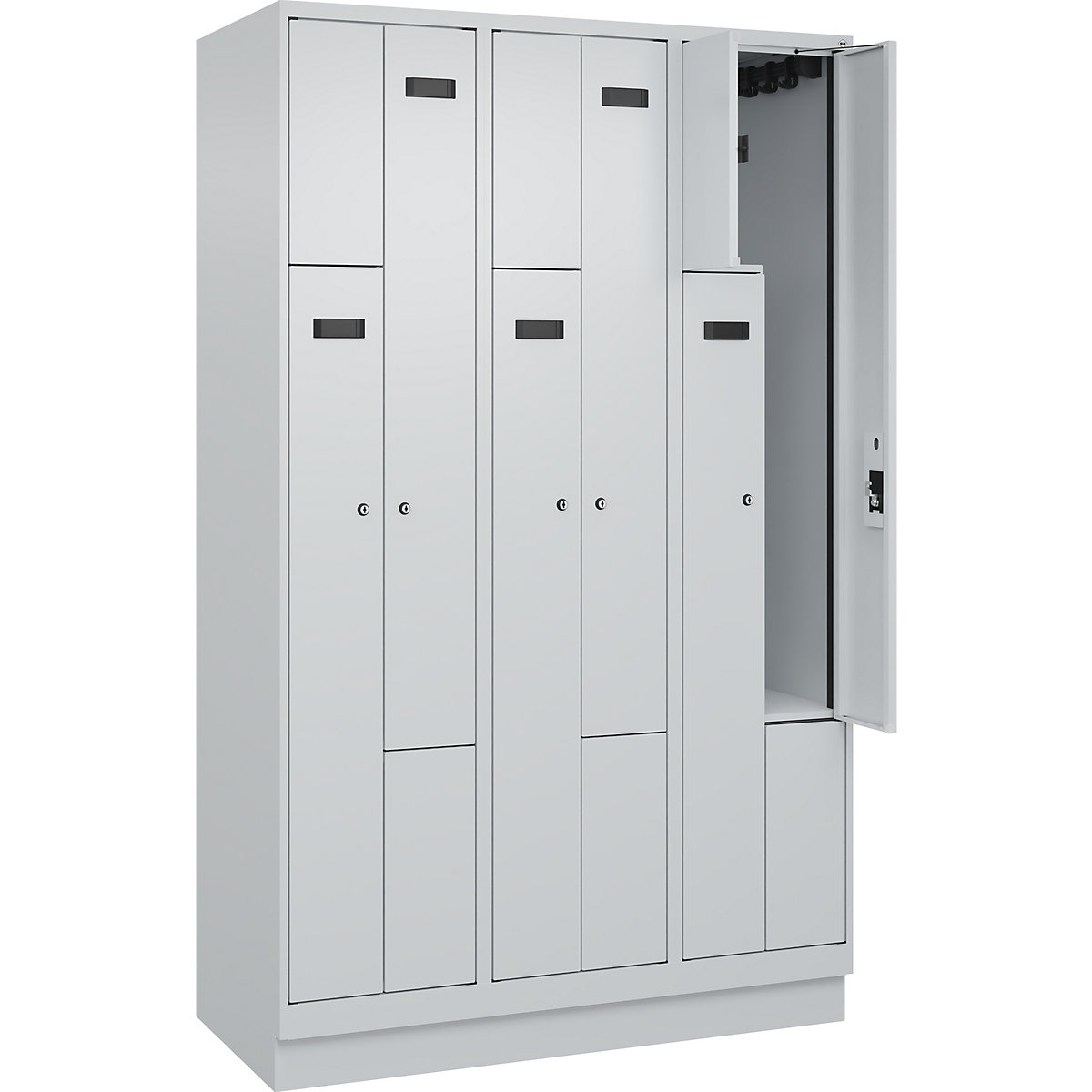 Armadietto a Z Evolo PLUS, 3 scomparti, grigio chiaro, largh. 1200 mm, 6 vani, con zoccolino, serratura a cilindro-0