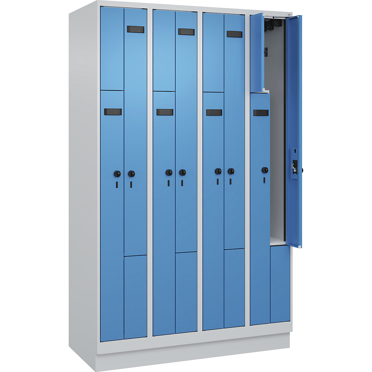 Armadietto a Z Evolo PLUS, 4 scomparti, grigio chiaro / blu chiaro, largh. 1200 mm, 8 vani, con zoccolino, serratura girevole di sicurezza-0