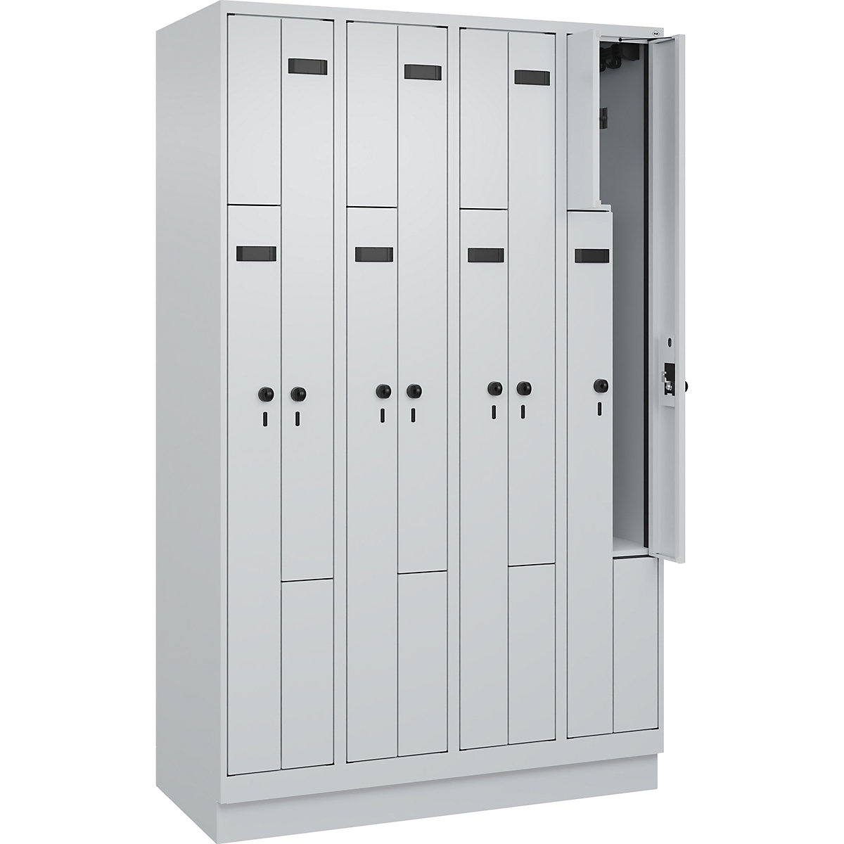 Armadietto a Z Evolo PLUS, 4 scomparti, grigio chiaro, largh. 1200 mm, 8 vani, con zoccolino, serratura girevole di sicurezza-0