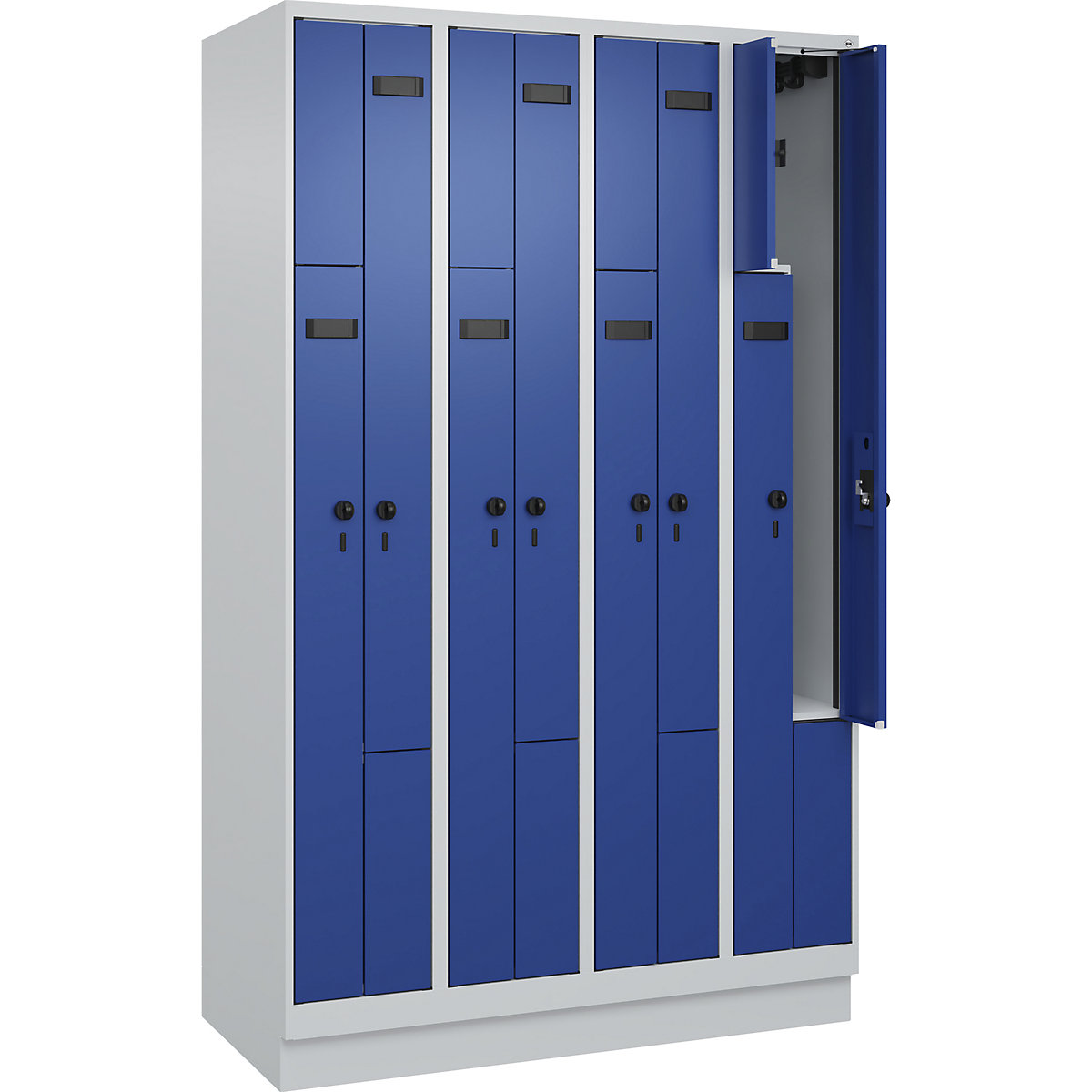 Armadietto a Z Evolo PLUS, 4 scomparti, grigio chiaro / blu genziana, largh. 1200 mm, 8 vani, con zoccolino, serratura girevole di sicurezza-0