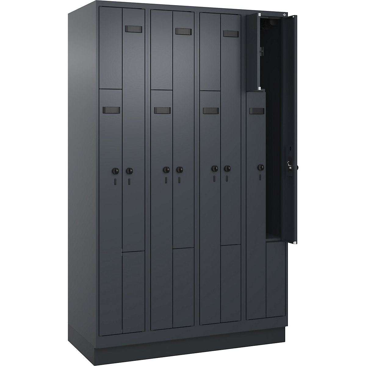 Armadietto a Z Evolo PLUS, 4 scomparti, grigio, largh. 1200 mm, 8 vani, con zoccolino, serratura girevole di sicurezza-0