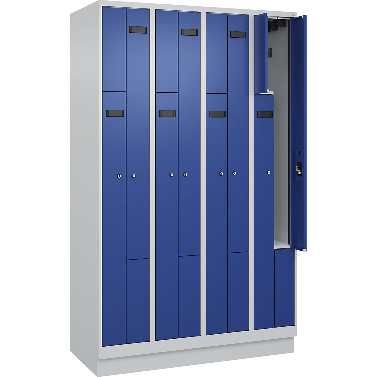 Armadietto a Z Evolo PLUS, 4 scomparti, grigio chiaro / blu genziana, largh. 1200 mm, 8 vani, con zoccolino, serratura a cilindro-0
