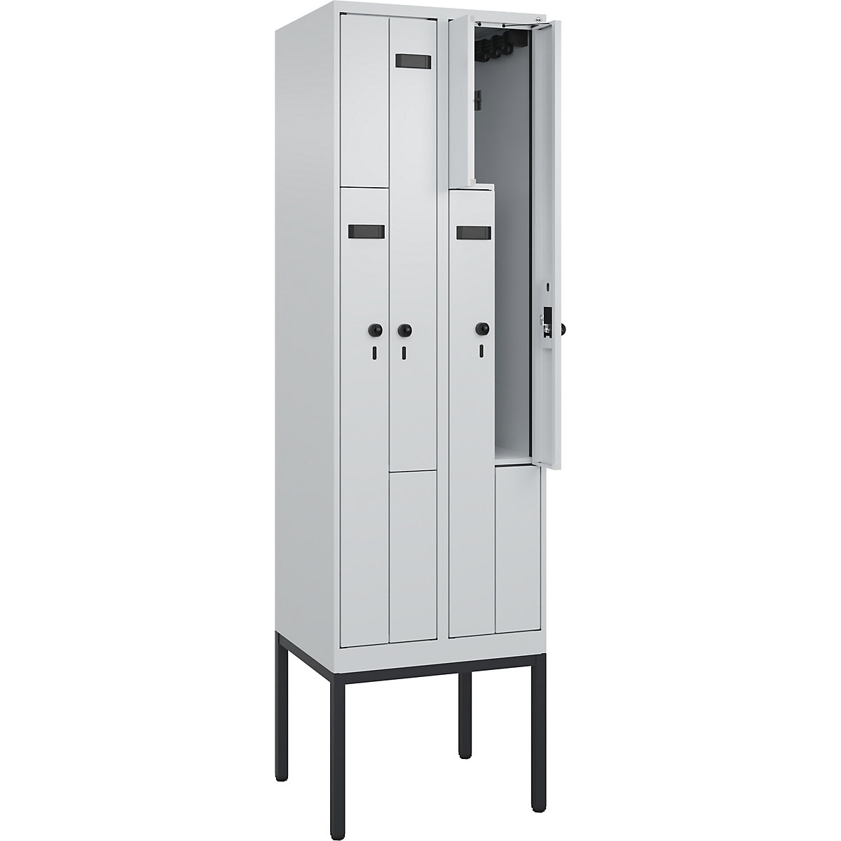 Armadietto a Z Evolo PLUS, 2 scomparti, grigio chiaro, largh. 600 mm, 4 vani, con piedini stretti, serratura girevole di sicurezza-0