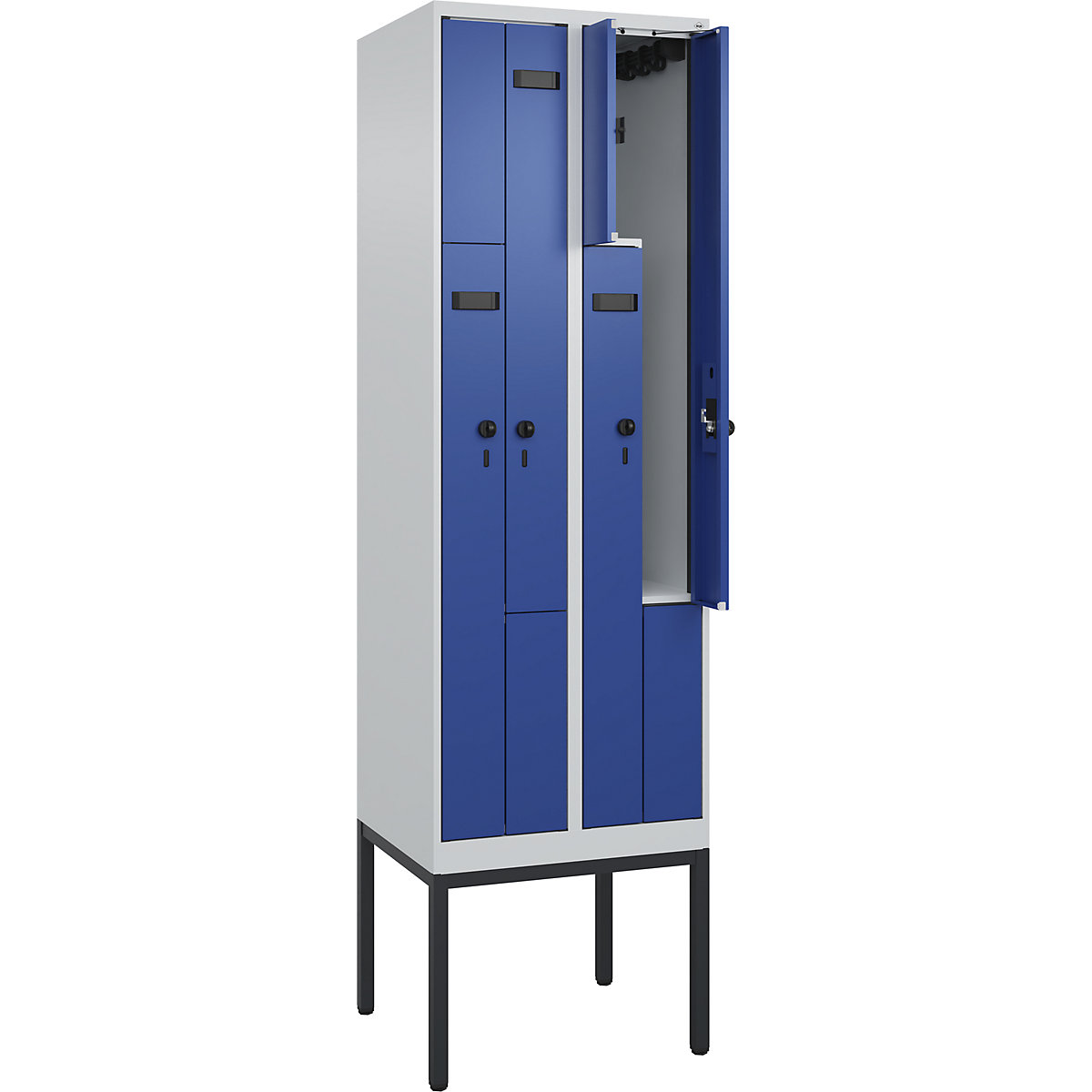 Armadietto a Z Evolo PLUS, 2 scomparti, grigio chiaro / blu genziana, largh. 600 mm, 4 vani, con piedini stretti, serratura girevole di sicurezza-0