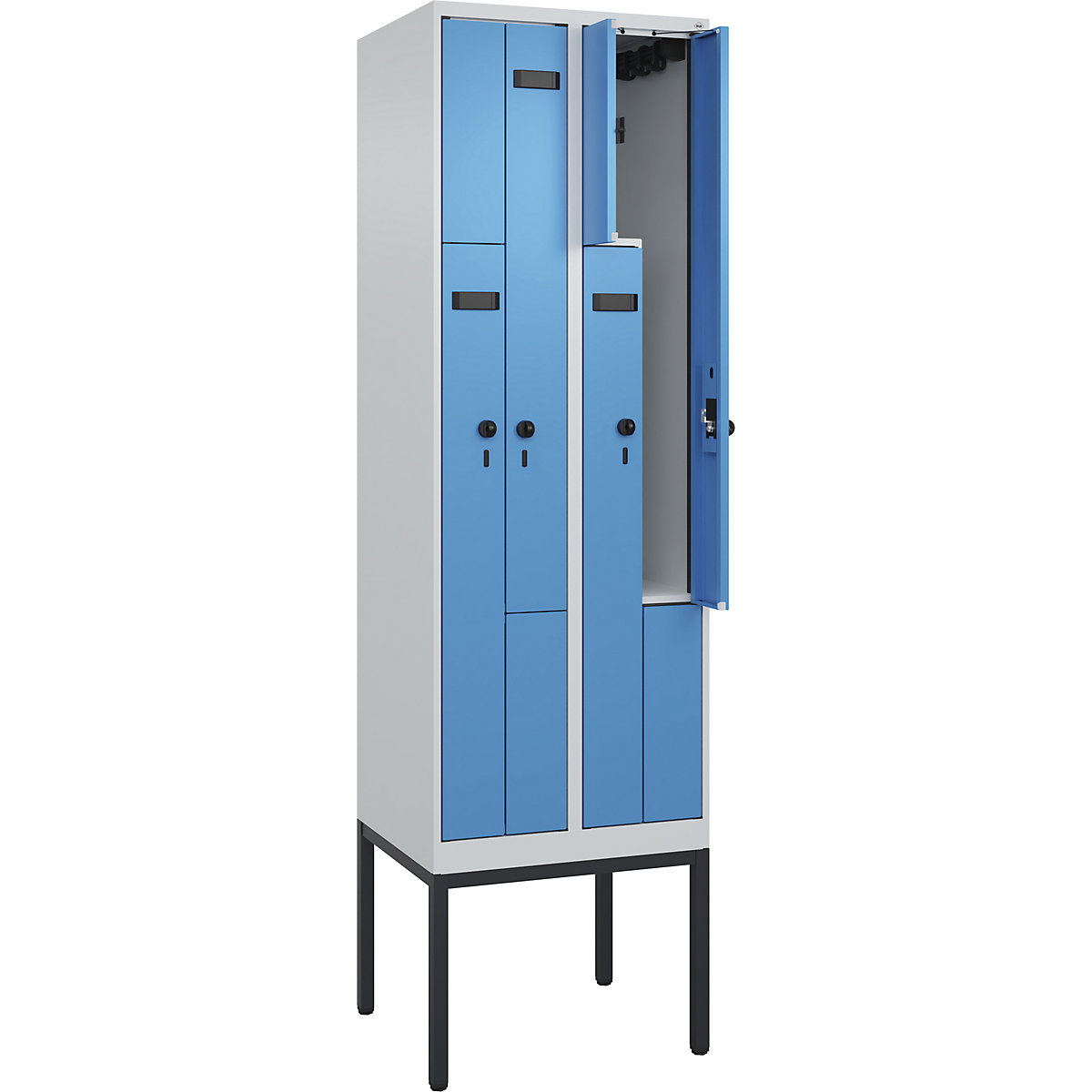 Armadietto a Z Evolo PLUS, 2 scomparti, grigio chiaro / blu chiaro, largh. 600 mm, 4 vani, con piedini stretti, serratura girevole di sicurezza-0