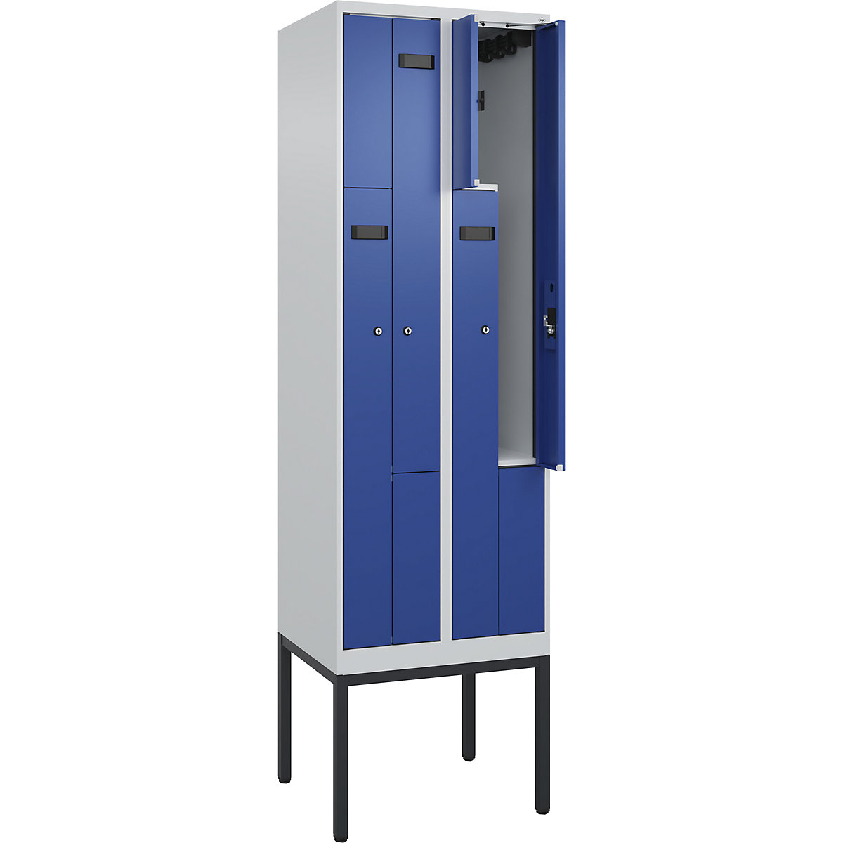 Armadietto a Z Evolo PLUS, 2 scomparti, grigio chiaro / blu genziana, largh. 600 mm, 4 vani, con piedini stretti, serratura a cilindro-0