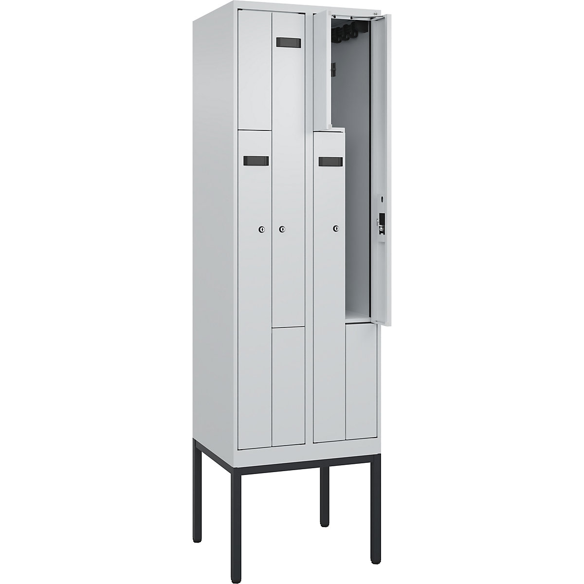 Armadietto a Z Evolo PLUS, 2 scomparti, grigio chiaro, largh. 600 mm, 4 vani, con piedini stretti, serratura a cilindro-0
