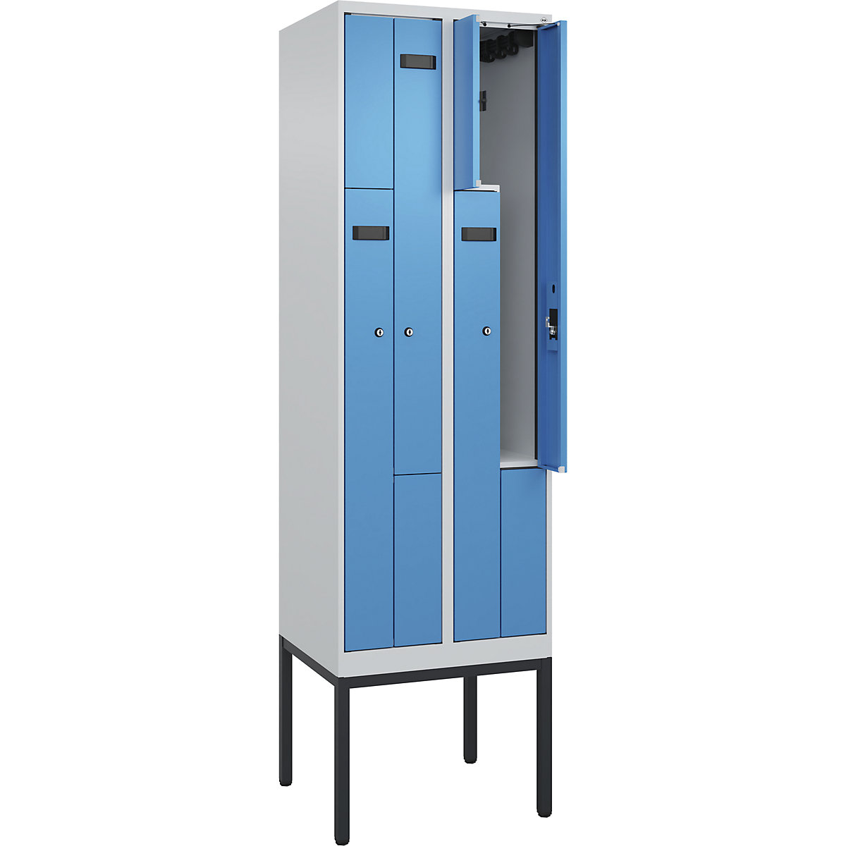 Armadietto a Z Evolo PLUS, 2 scomparti, grigio chiaro / blu chiaro, largh. 600 mm, 4 vani, con piedini stretti, serratura a cilindro-0