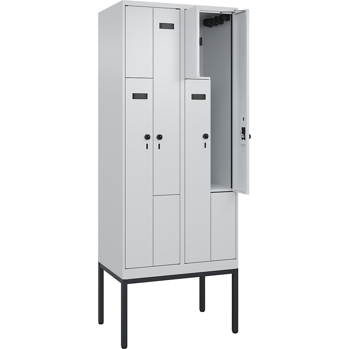 Armadietto a Z Evolo PLUS, 2 scomparti, grigio chiaro, largh. 800 mm, 4 vani, con piedini stretti, serratura girevole di sicurezza-0