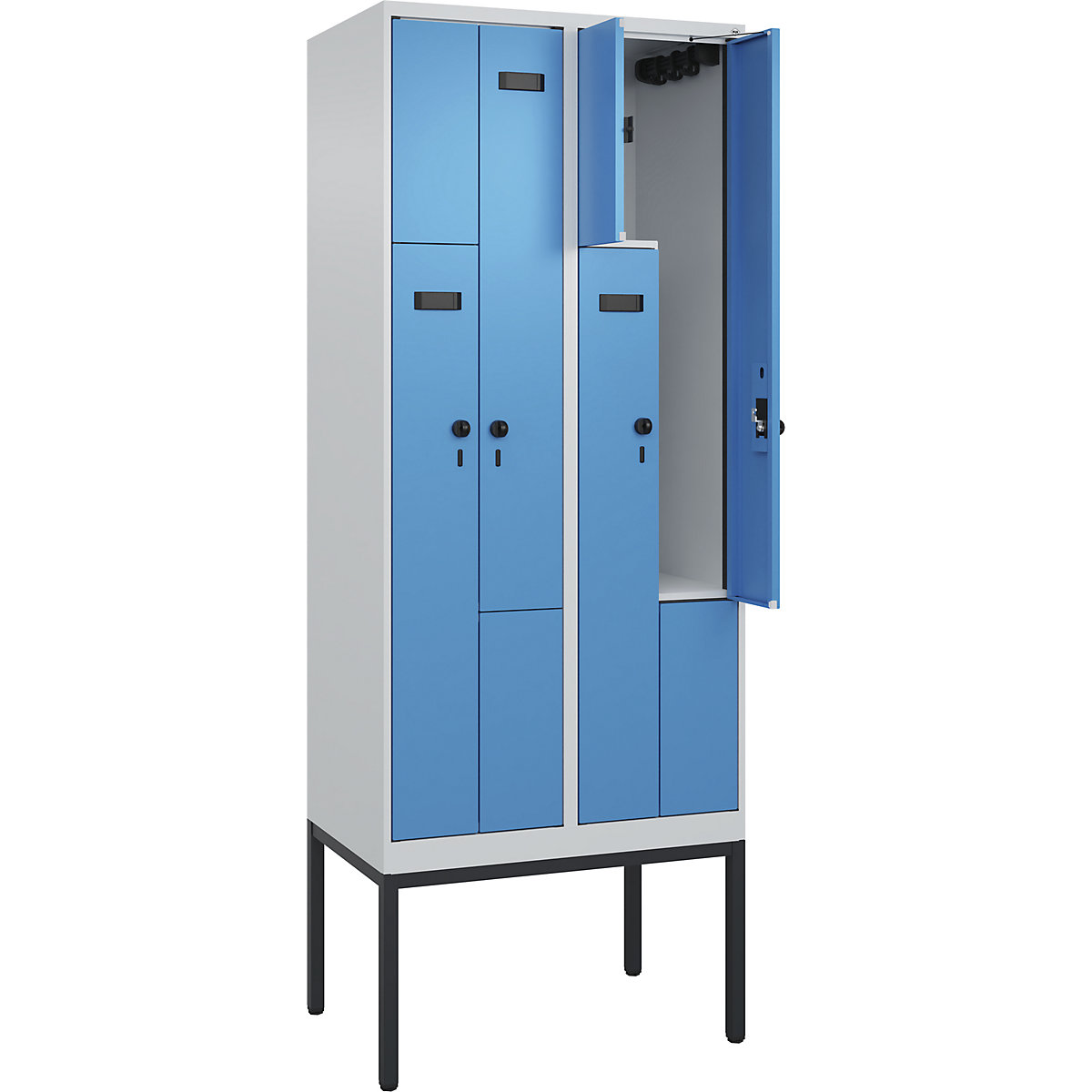 Armadietto a Z Evolo PLUS, 2 scomparti, grigio chiaro / blu chiaro, largh. 800 mm, 4 vani, con piedini stretti, serratura girevole di sicurezza-0