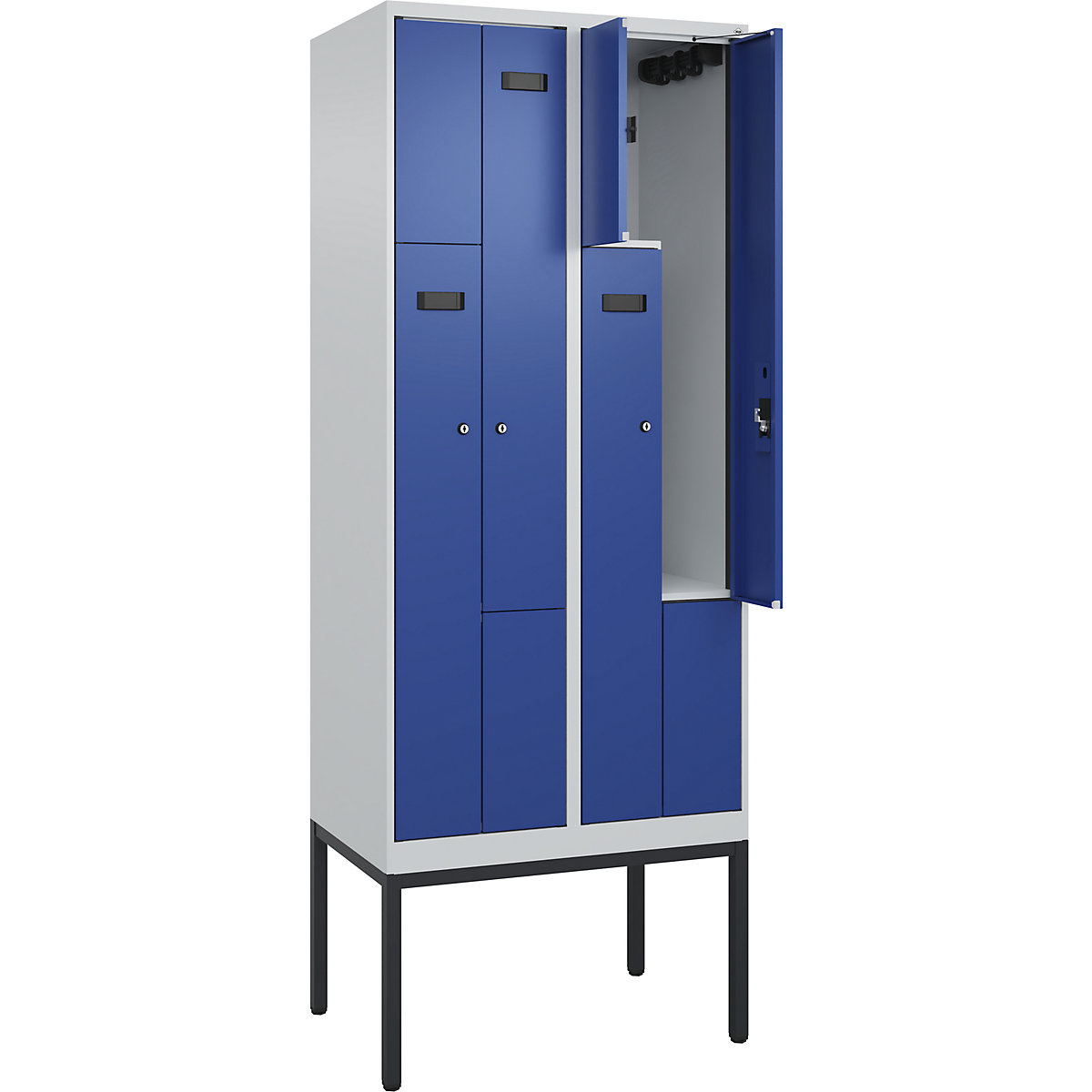 Armadietto a Z Evolo PLUS, 2 scomparti, grigio chiaro / blu genziana, largh. 800 mm, 4 vani, con piedini stretti, serratura a cilindro-0