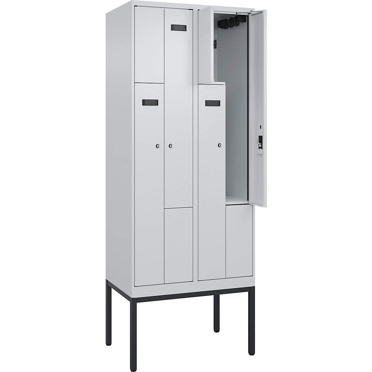 Armadietto a Z Evolo PLUS, 2 scomparti, grigio chiaro, largh. 800 mm, 4 vani, con piedini stretti, serratura a cilindro-0